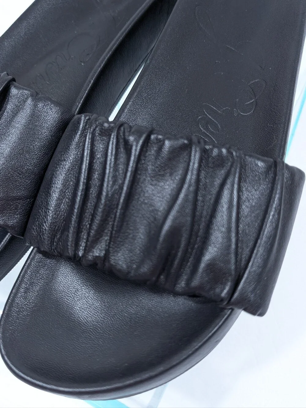 J Crew Pacific Black Leather Slides 7.5 Women Slip on Sandals scrunchie